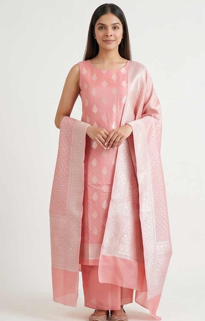 Coral Pink Banarasi Linen Suit