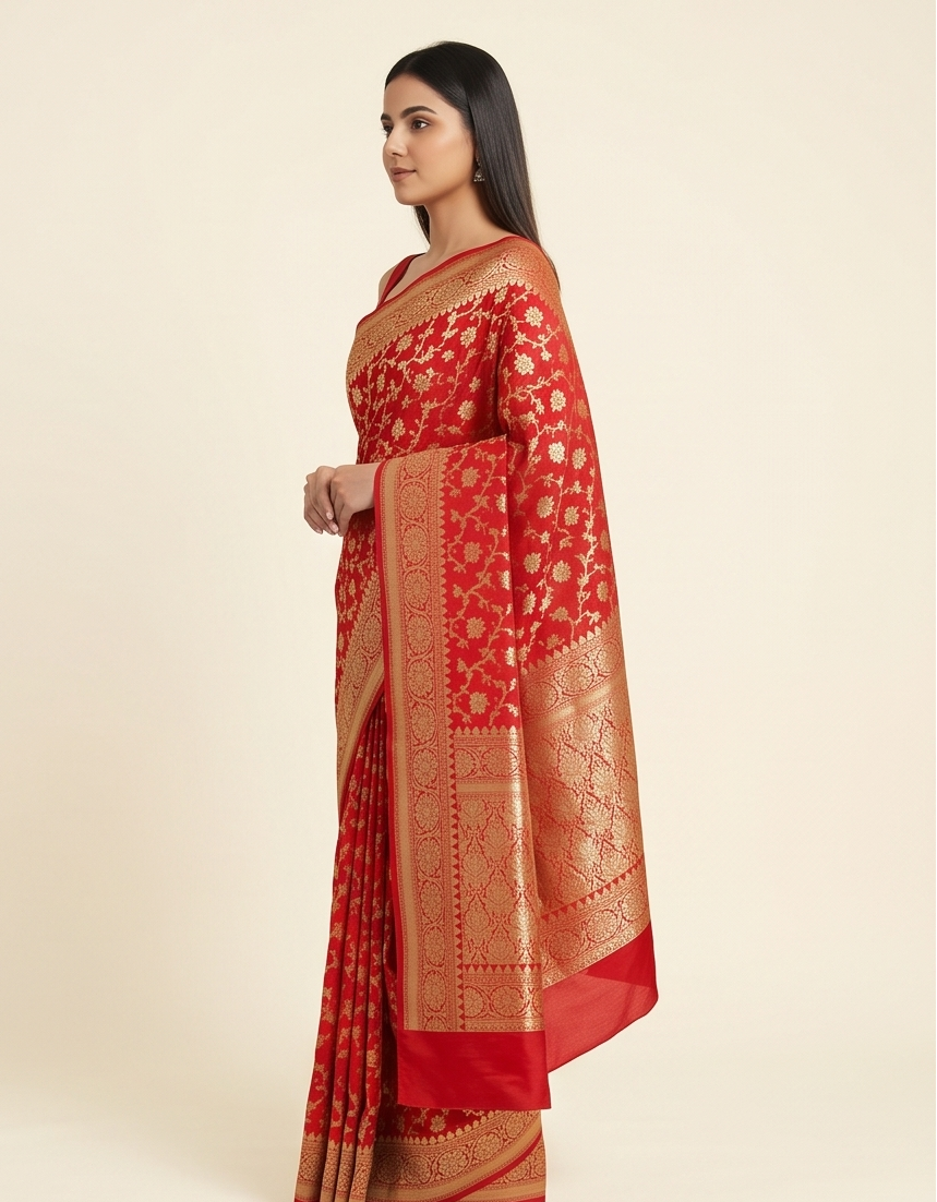 Red Saree with Golden Zari Jaal Work