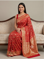 Red Saree with Golden Zari Jaal Work