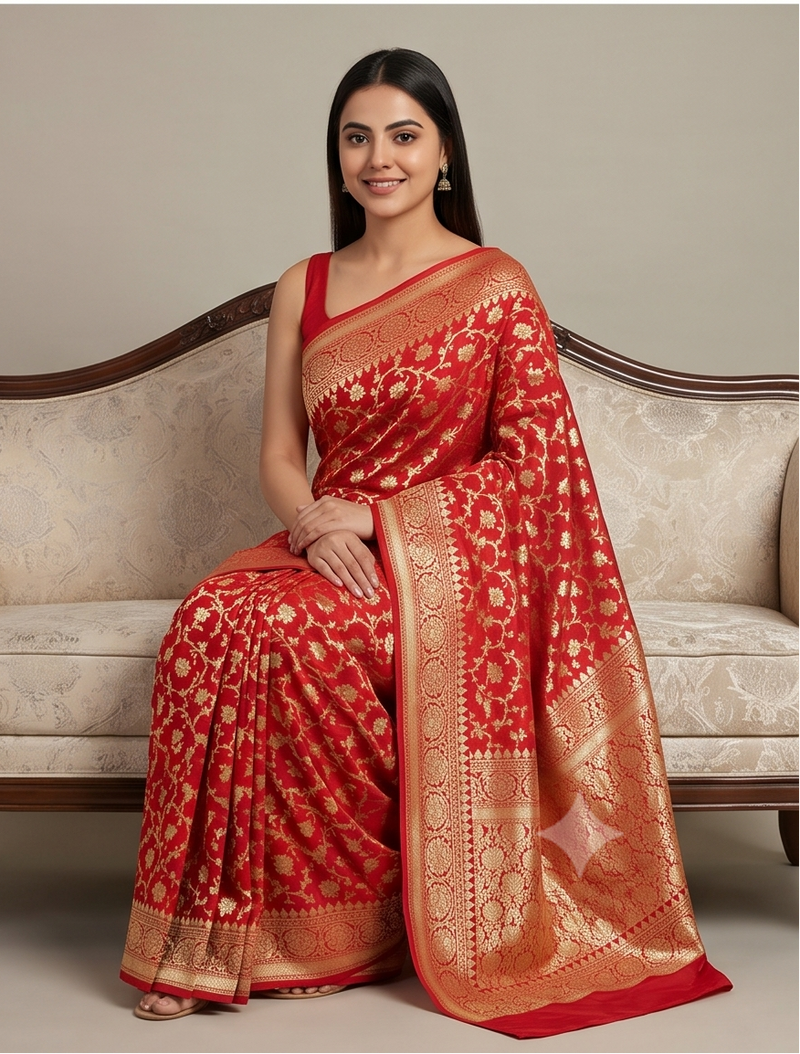 Red Saree with Golden Zari Jaal Work