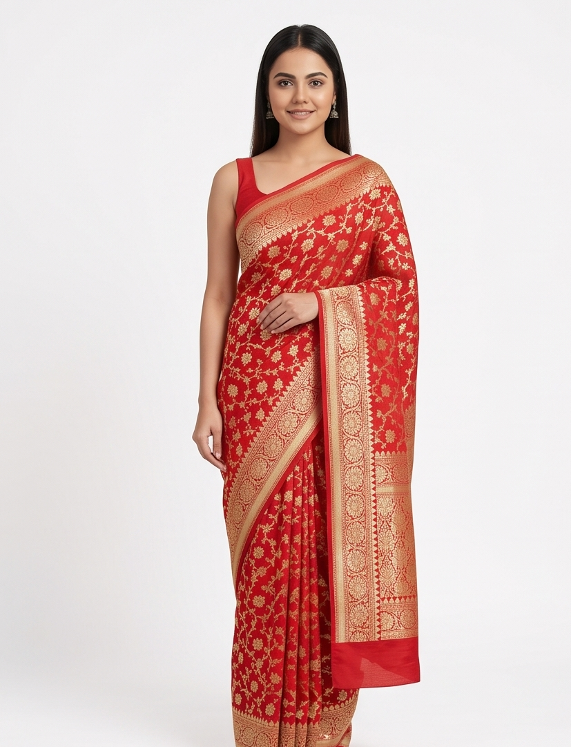 Red Saree with Golden Zari Jaal Work
