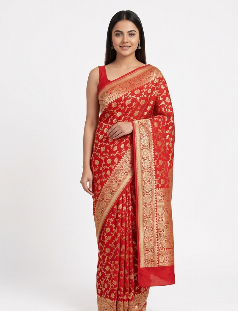 Red Saree with Golden Zari Jaal Work