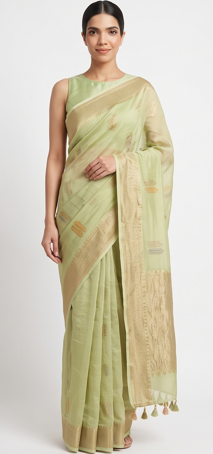 Pista Green Crushed Cotton Saree