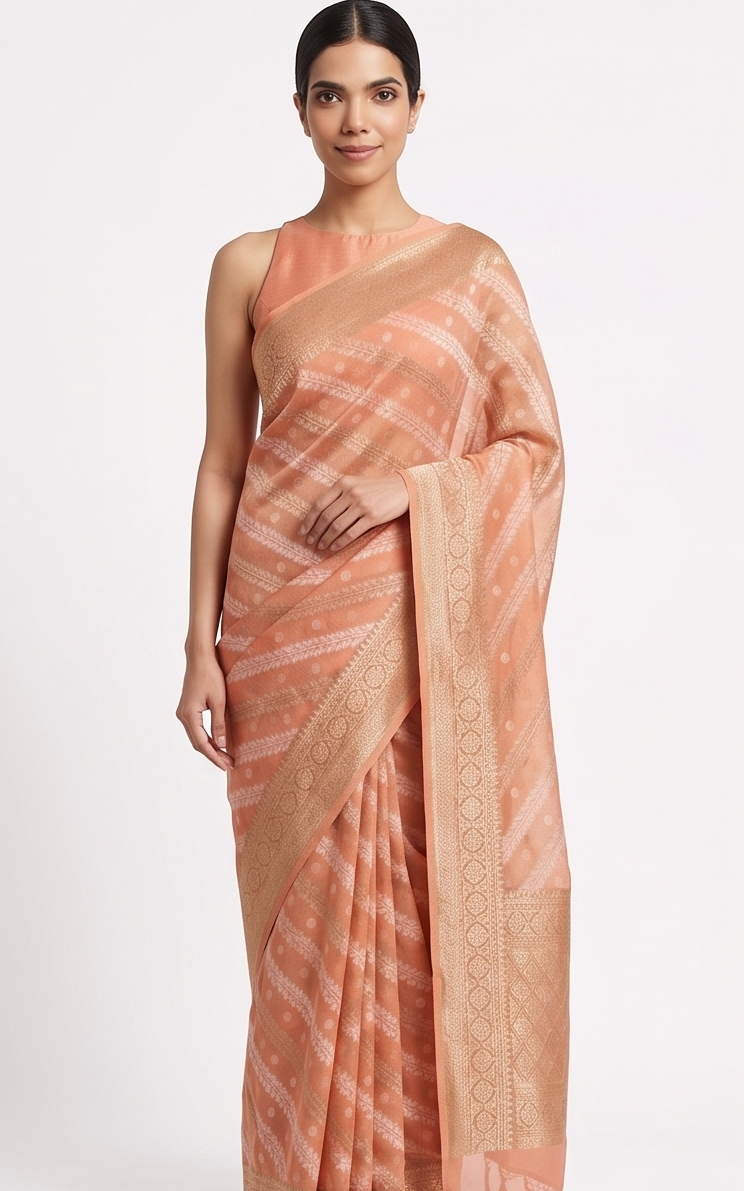 Peach Kota Cotton Saree