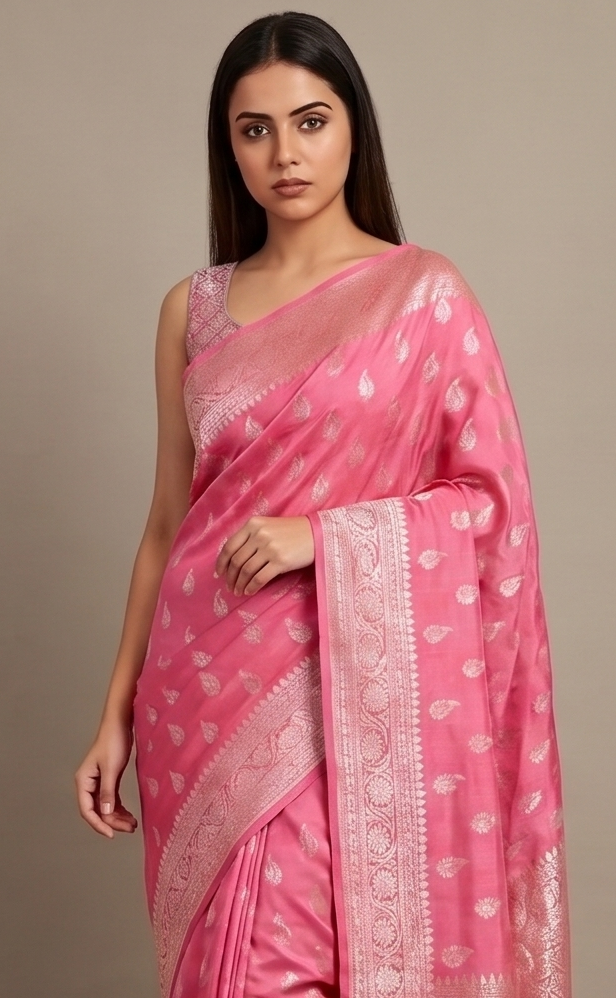 Rani Pink Georgette Leaf Motifs