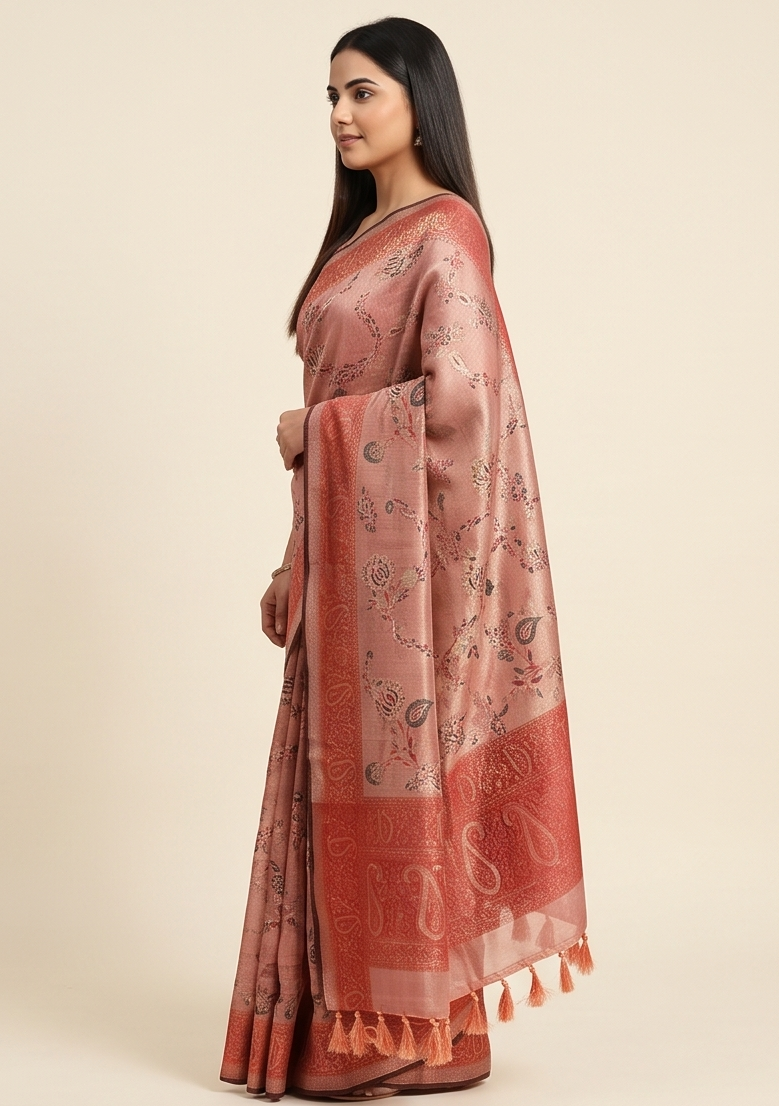 Peach Linen Zari Saree