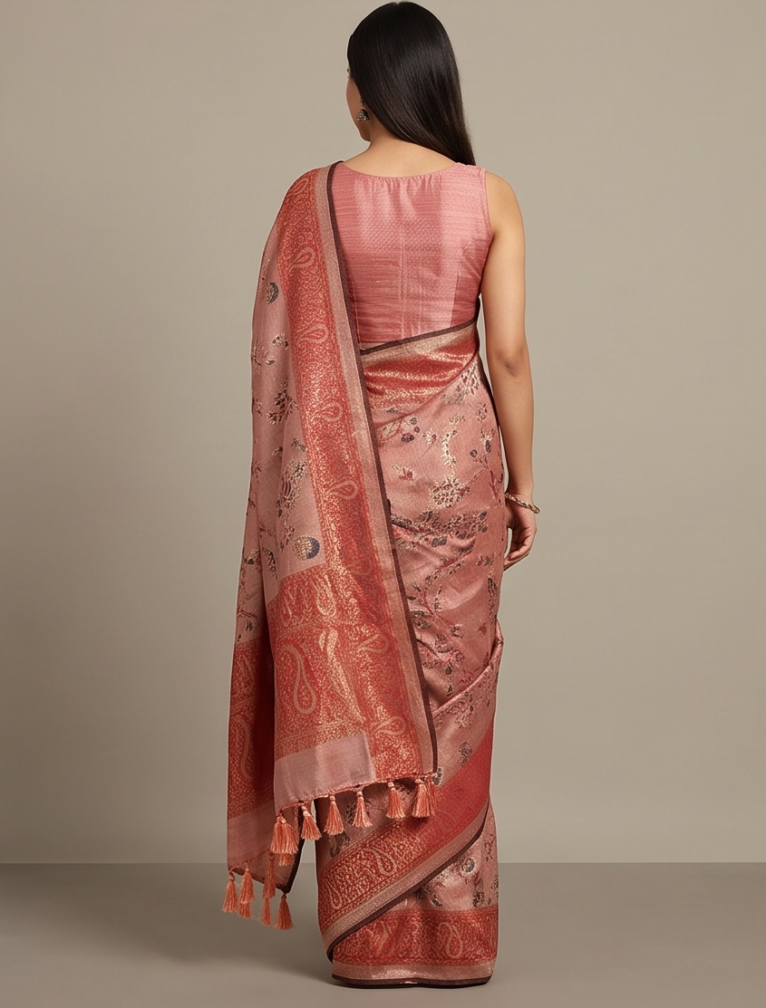 Peach Linen Zari Saree