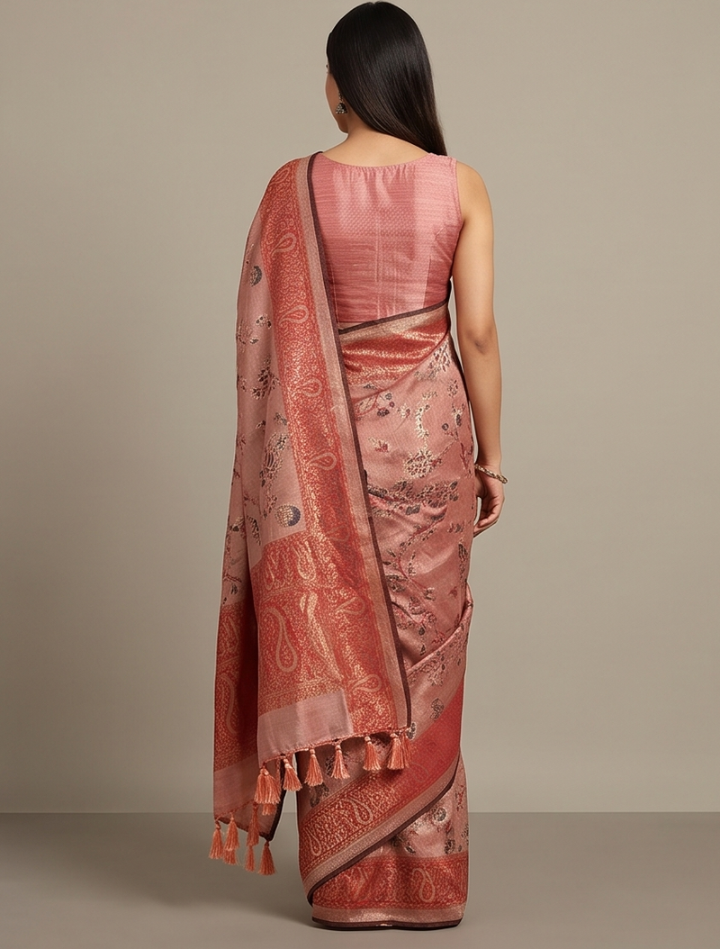 Peach Linen Zari Saree