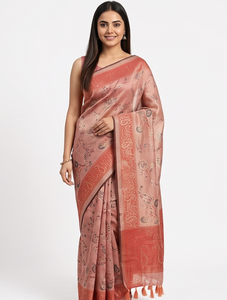 Peach Linen Zari Saree