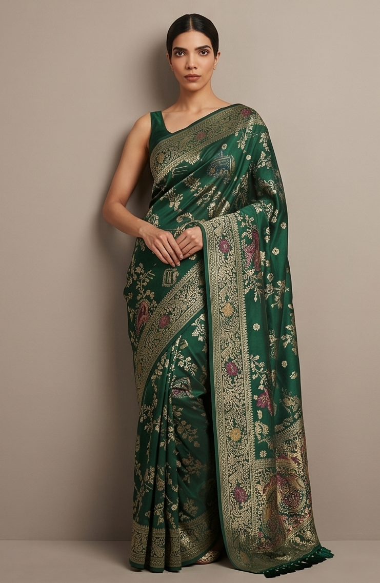 Dark Green Banarasi Silk Peacock Motifs