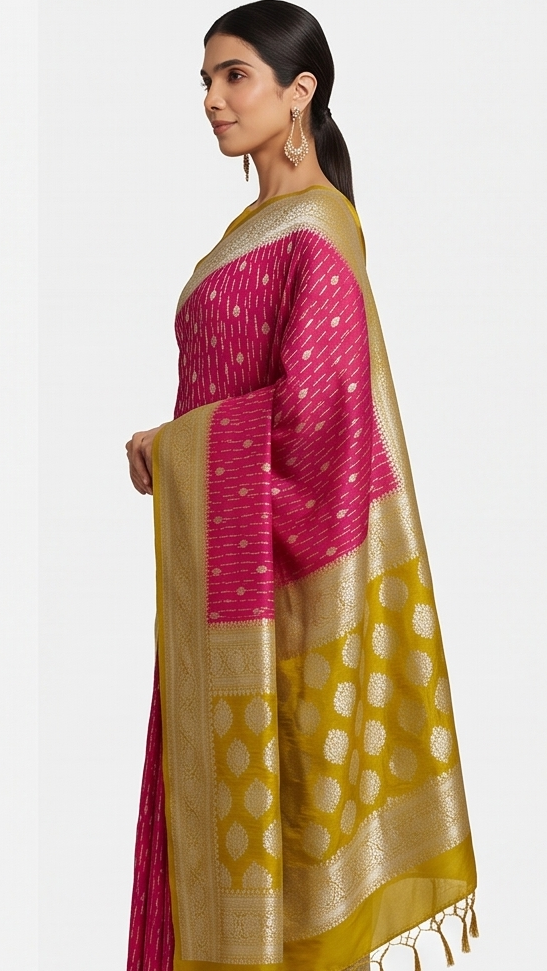Magenta Pink  Golden Yellow Georgette Saree
