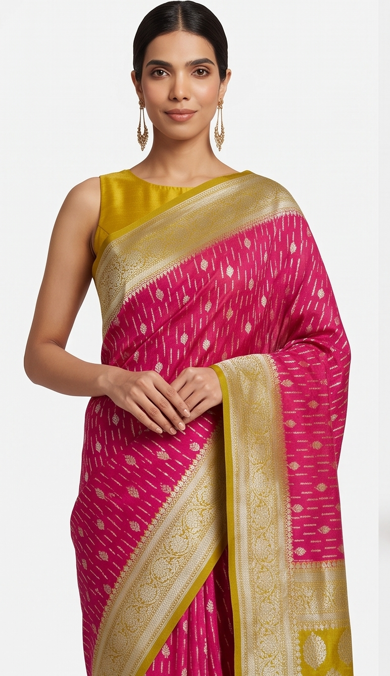 Magenta Pink  Golden Yellow Georgette Saree