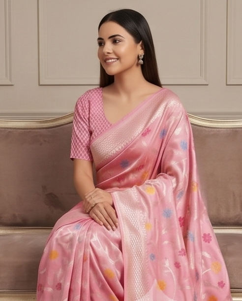 Pastel Pink Cotton Meenakari Jaal Saree