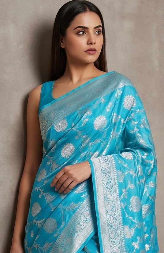 Ice blue Tissue Floral Jaal Saree