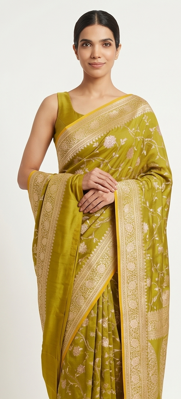 Parrot Green Jaal Katan Silk Saree