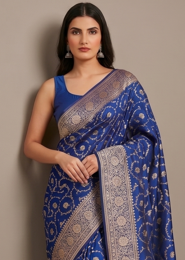 Navy Blue Silk Zari Jaal Saree