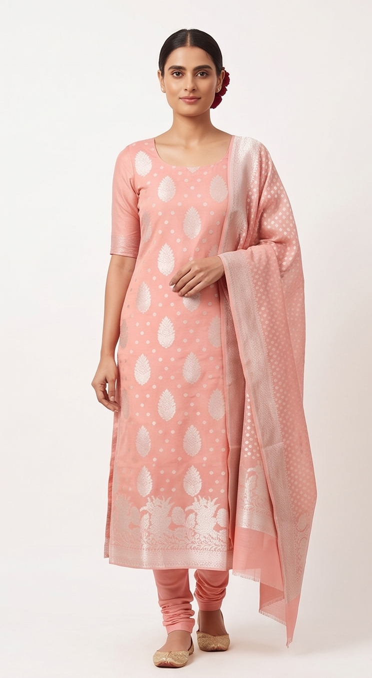 Coral Pink Banarasi Linen Suit