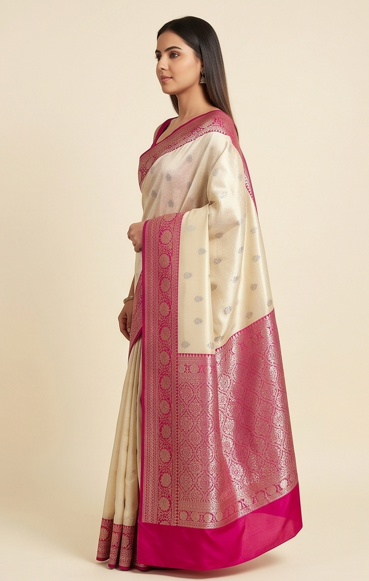 Baby Pink and white Silk Saree