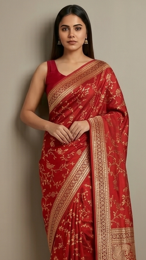 Red Georgette Zari Jaal Saree