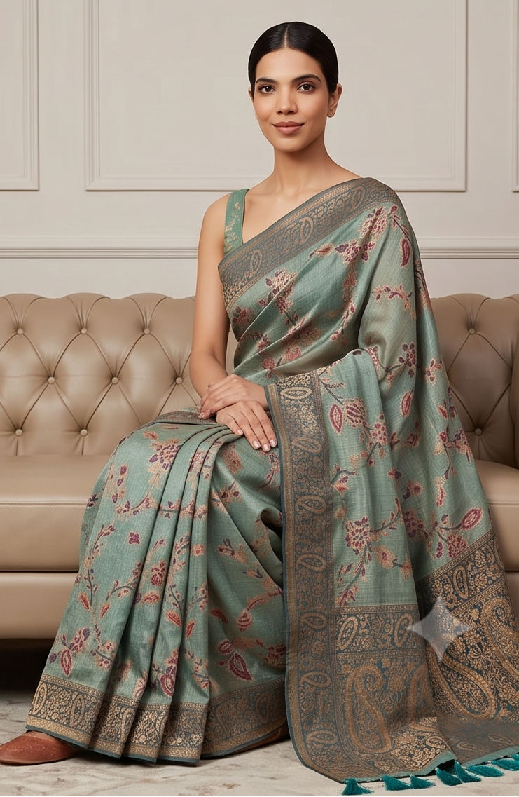 Linen Aqua Blue Zari Saree