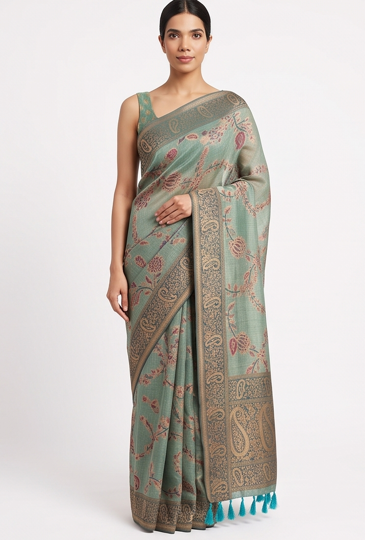Linen Aqua Blue Zari Saree