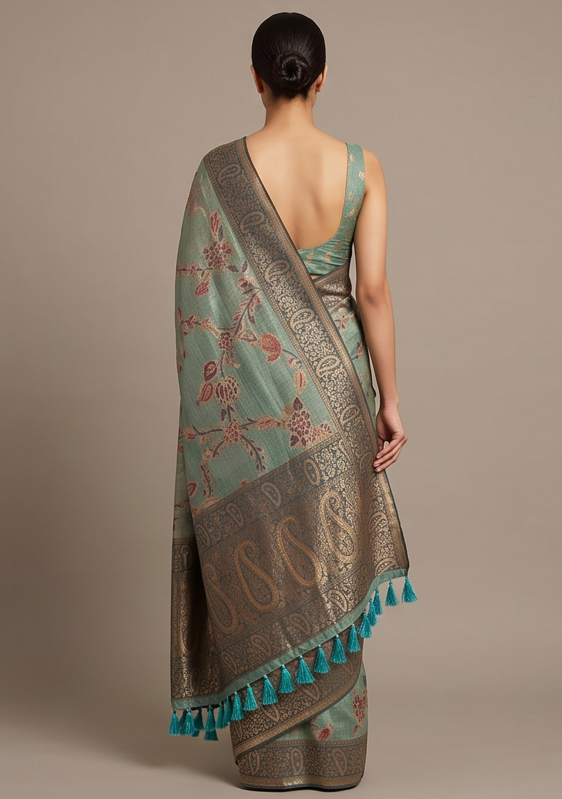 Linen Aqua Blue Zari Saree