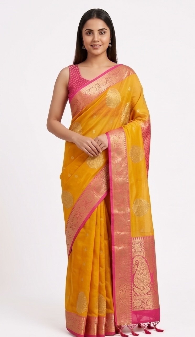 Yellow Organza Zari Booti Saree