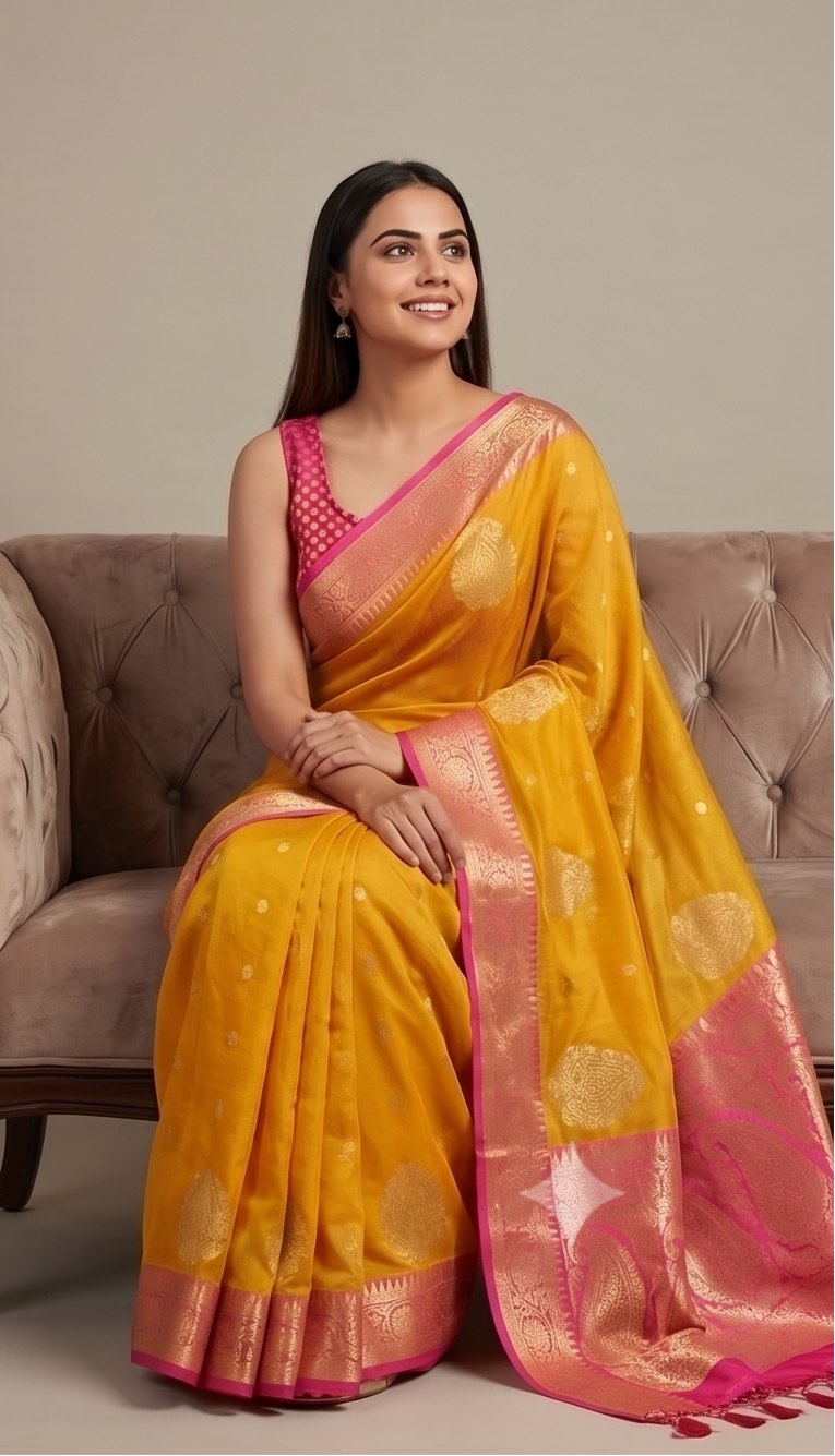 Yellow Organza Zari Booti Saree