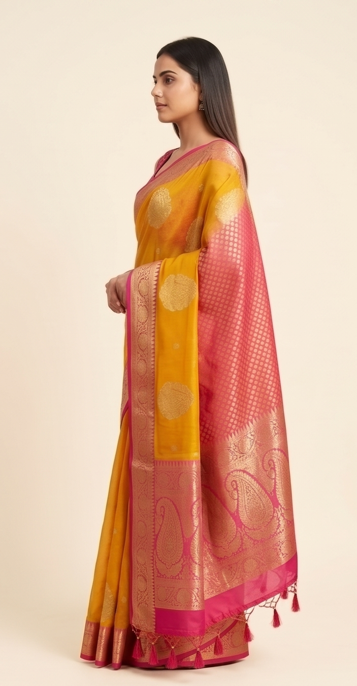 Yellow Organza Zari Booti Saree