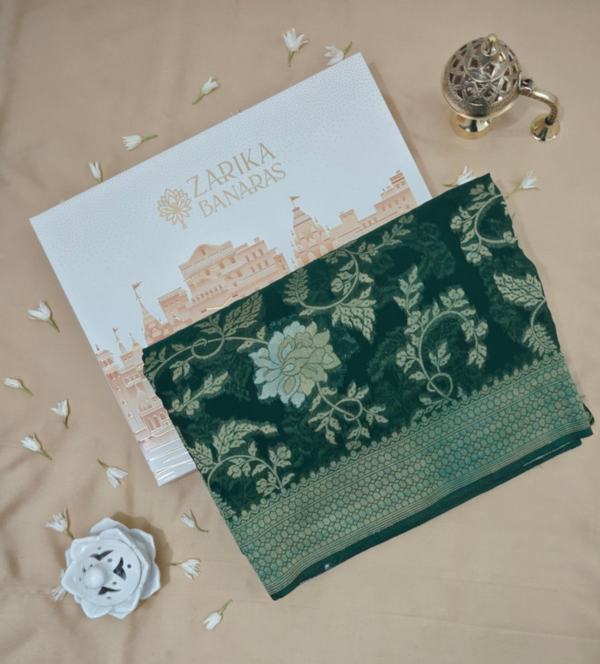 Dark Green Georgette Floral Jaal