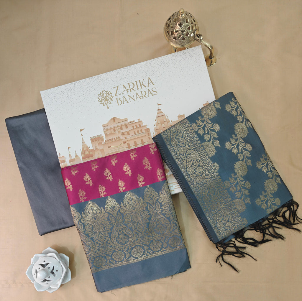 Banarasi Rani Grey Silk Suit