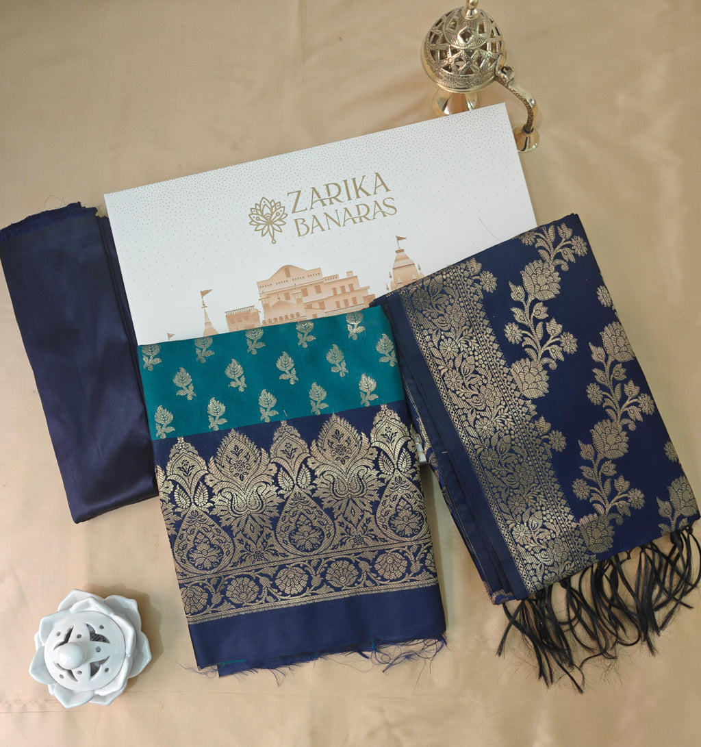 Royal Blue Green Silk Suit Set