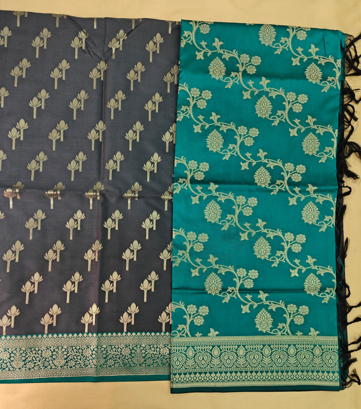 Dark Grey Green Silk Suit Set