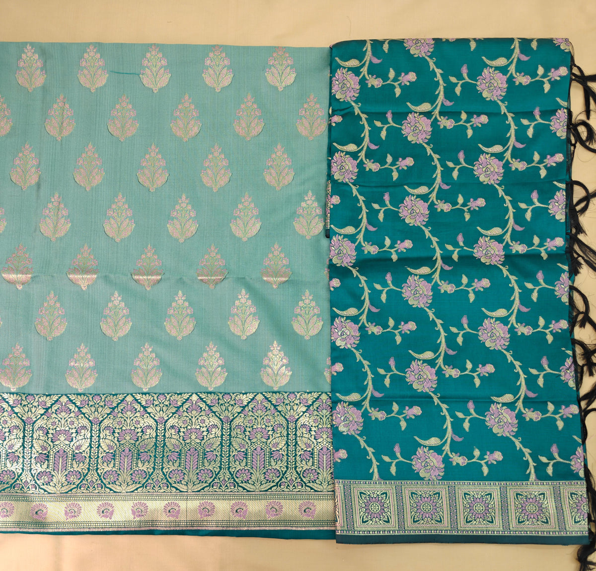 Ferozi Silk Suit with Meenakari