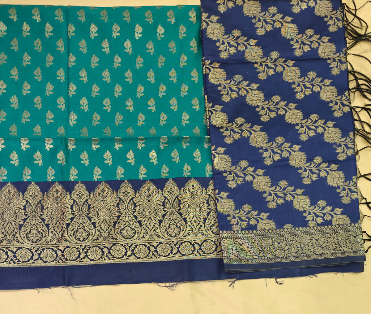 Royal Blue Green Silk Suit Set