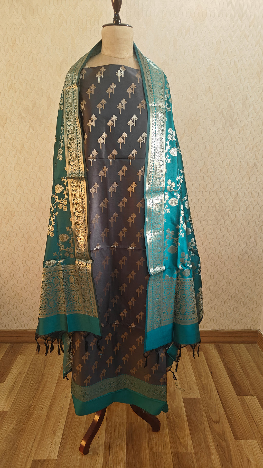 Dark Grey Green Silk Suit Set