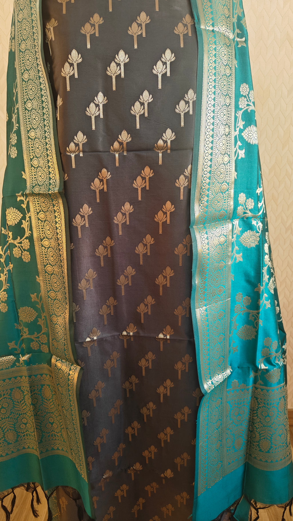 Dark Grey Green Silk Suit Set
