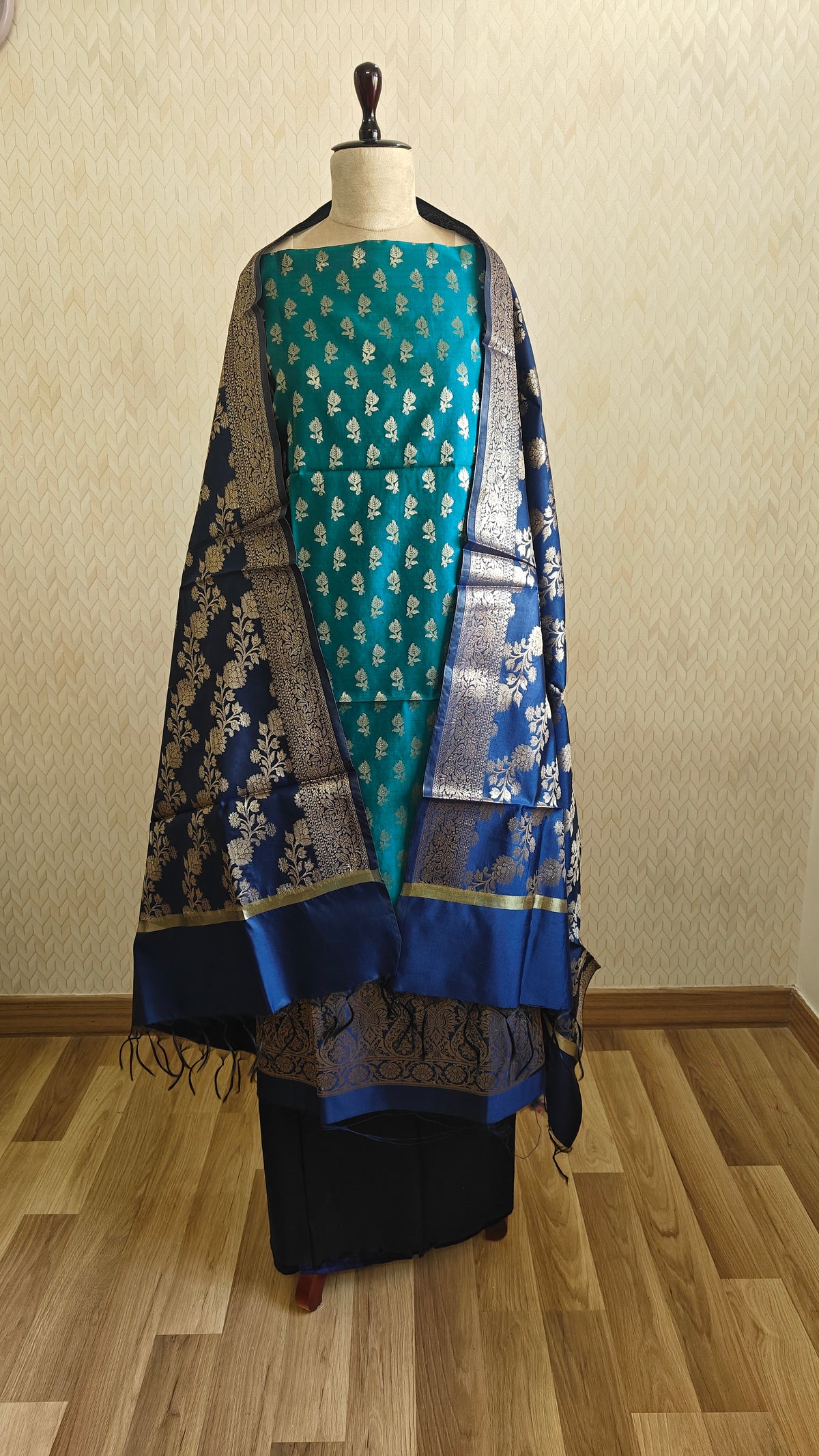 Royal Blue Green Silk Suit Set
