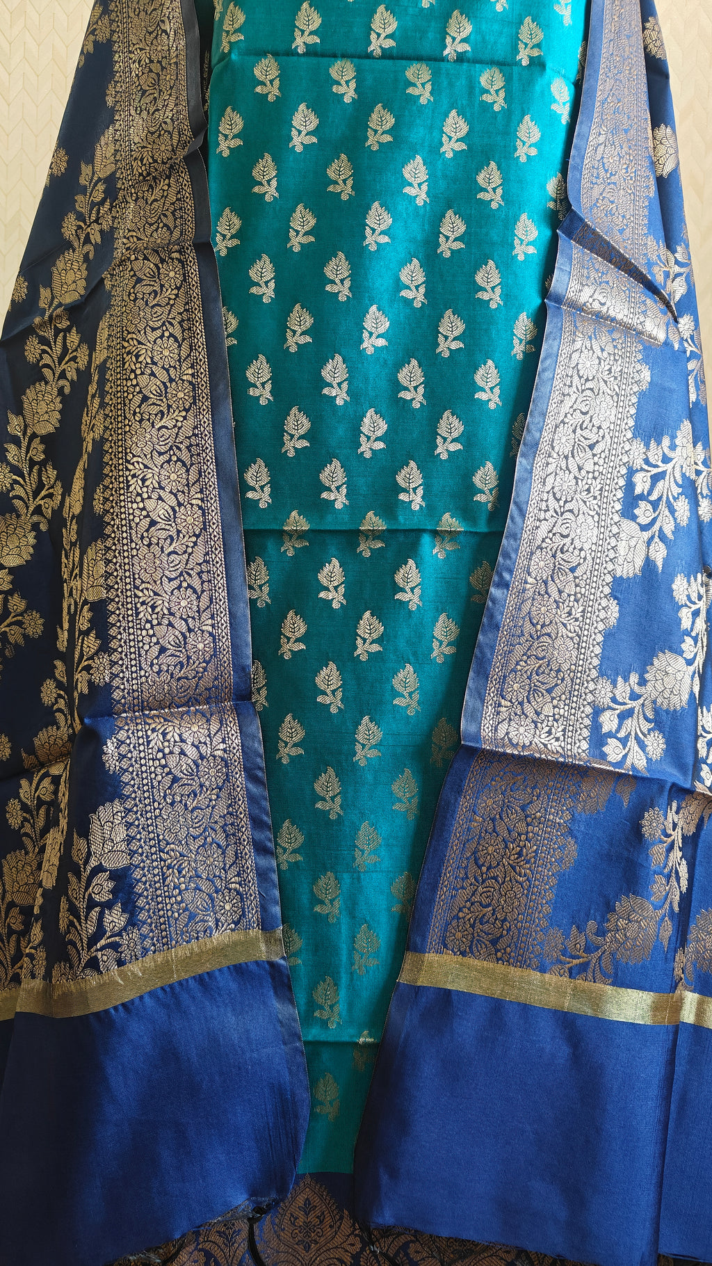Royal Blue Green Silk Suit Set