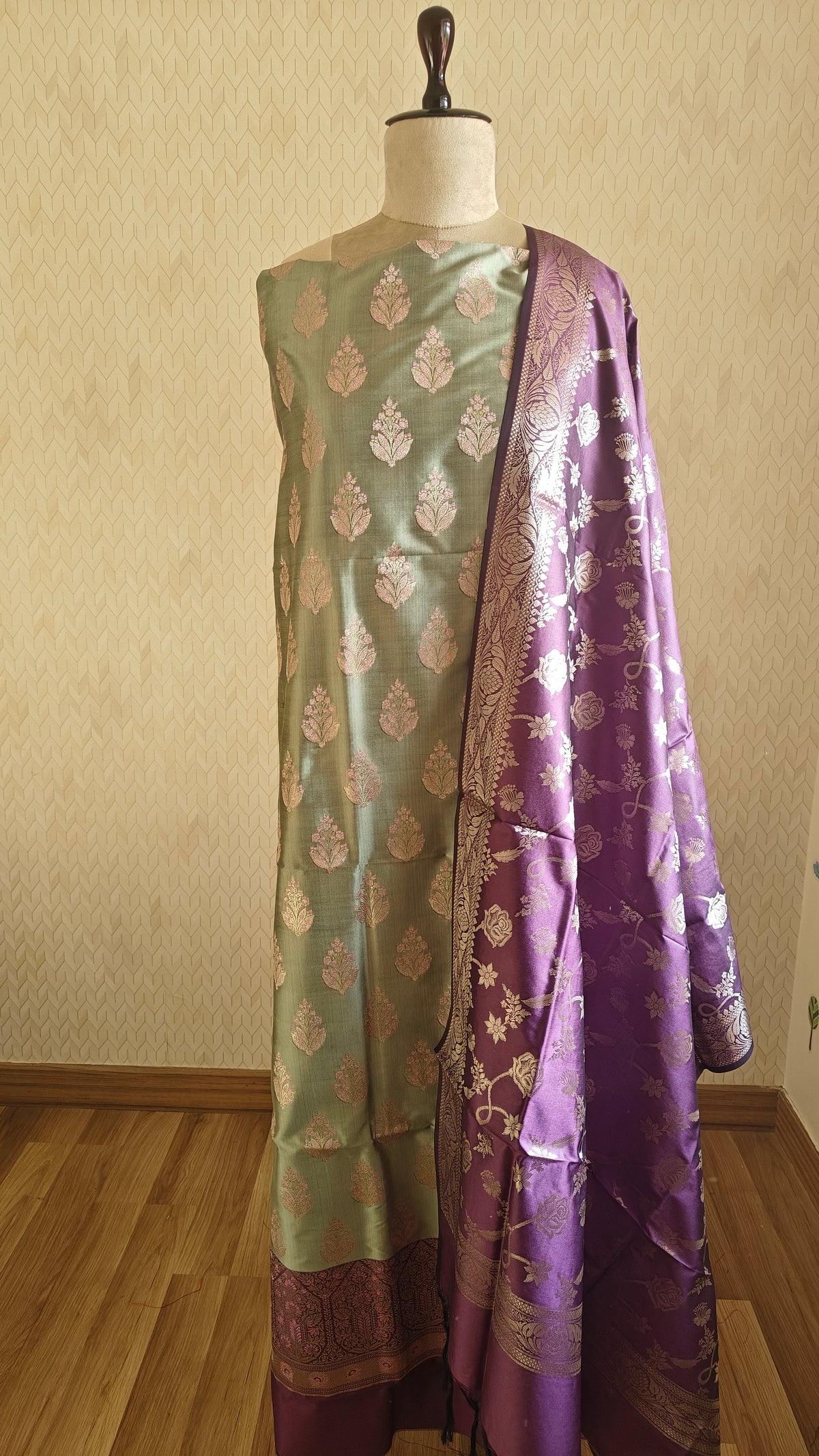 Banarasi Purple Sea Green Silk