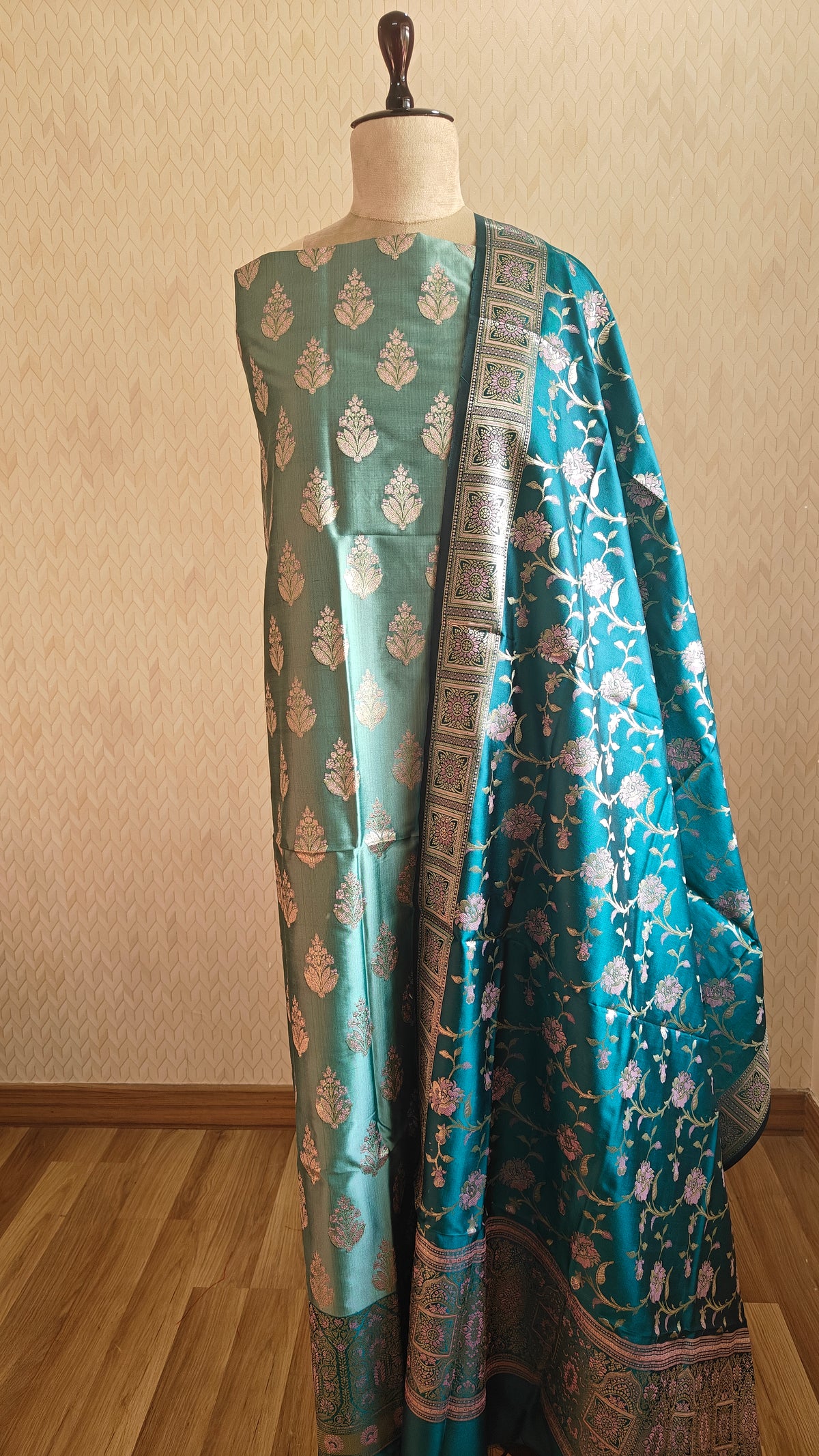 Ferozi Silk Suit with Meenakari