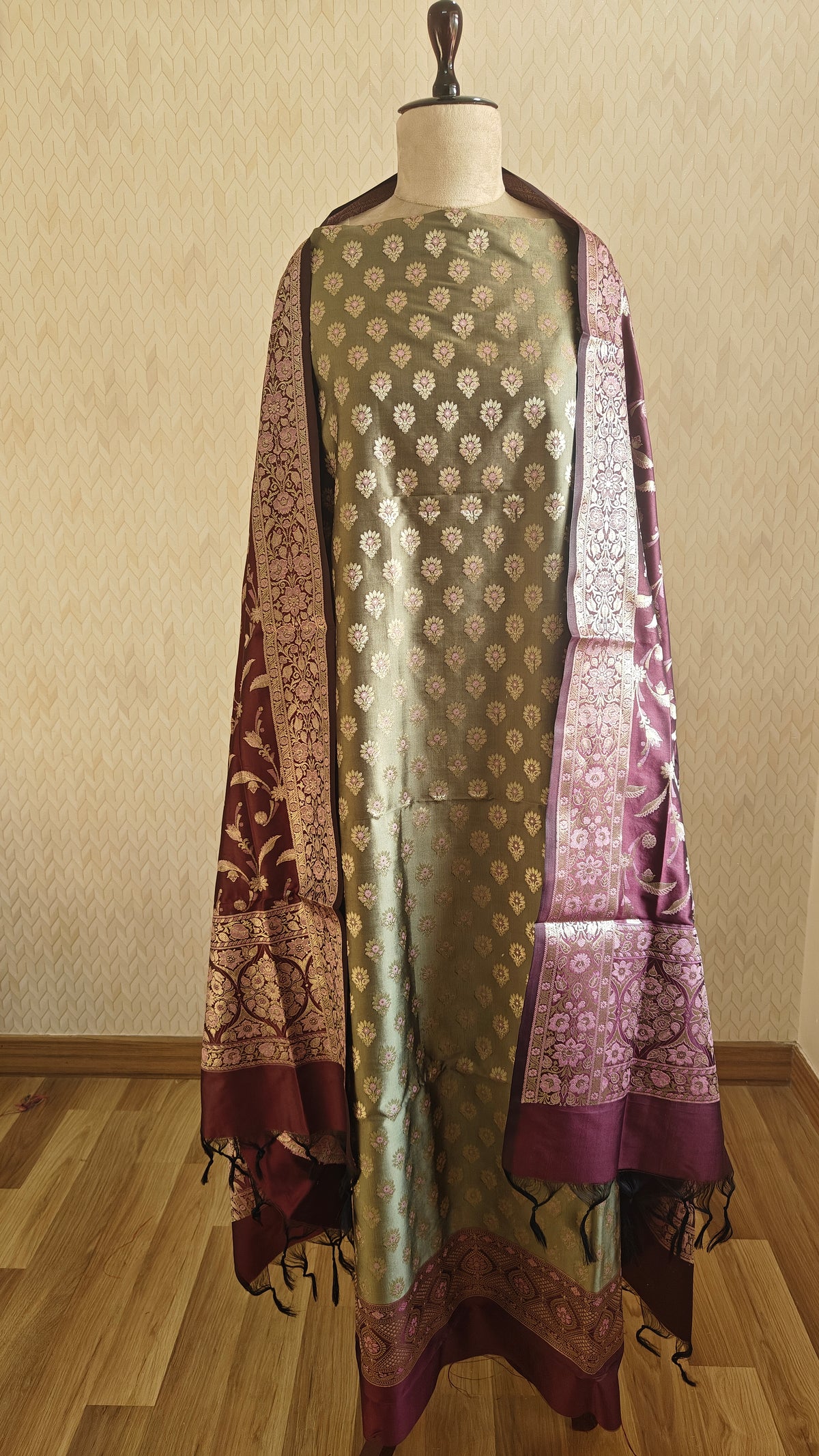 Banarasi Olive Purple Silk Suit