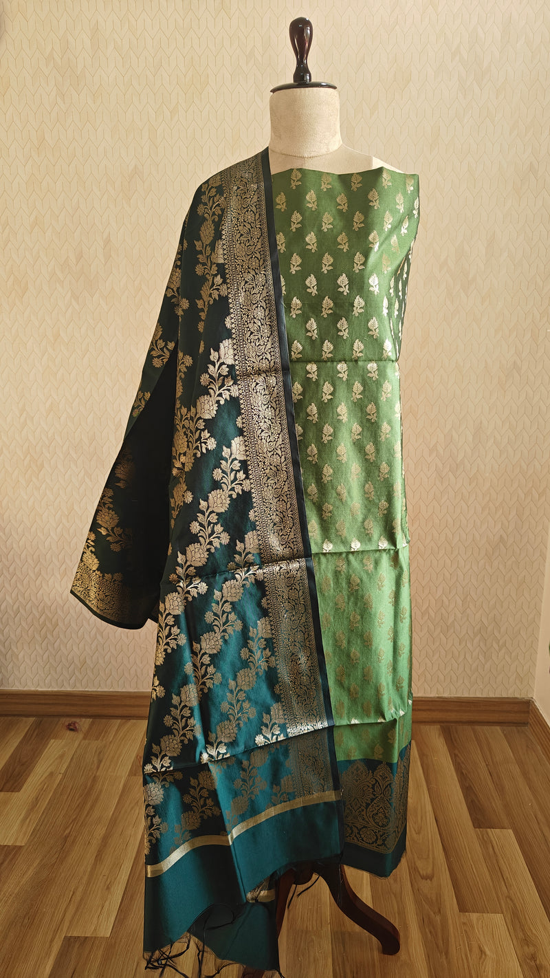 Green Contrast Silk Suit Banarasi