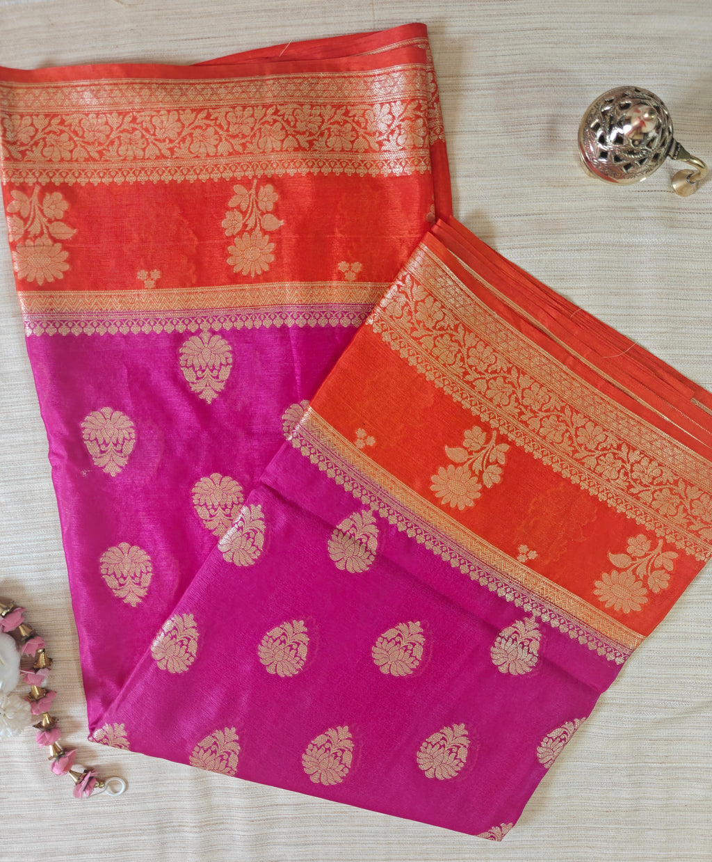 Orange Magenta Banarasi Soft Silk