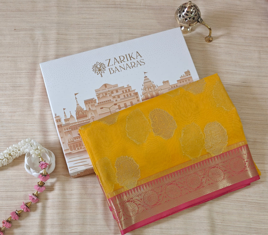 Yellow Organza Zari Booti Saree