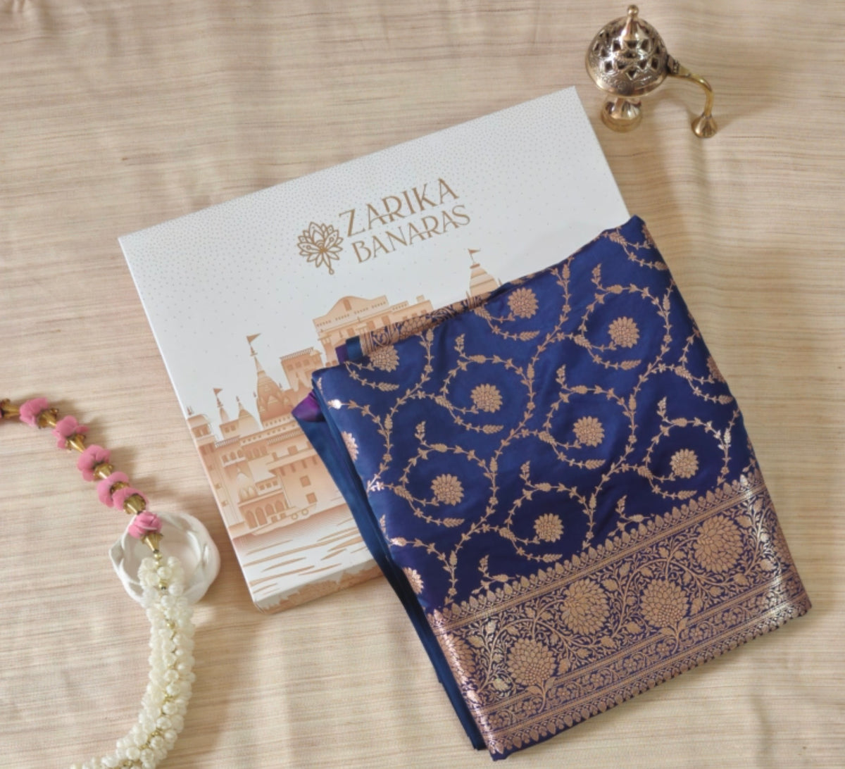 Navy Blue Silk Zari Jaal Saree