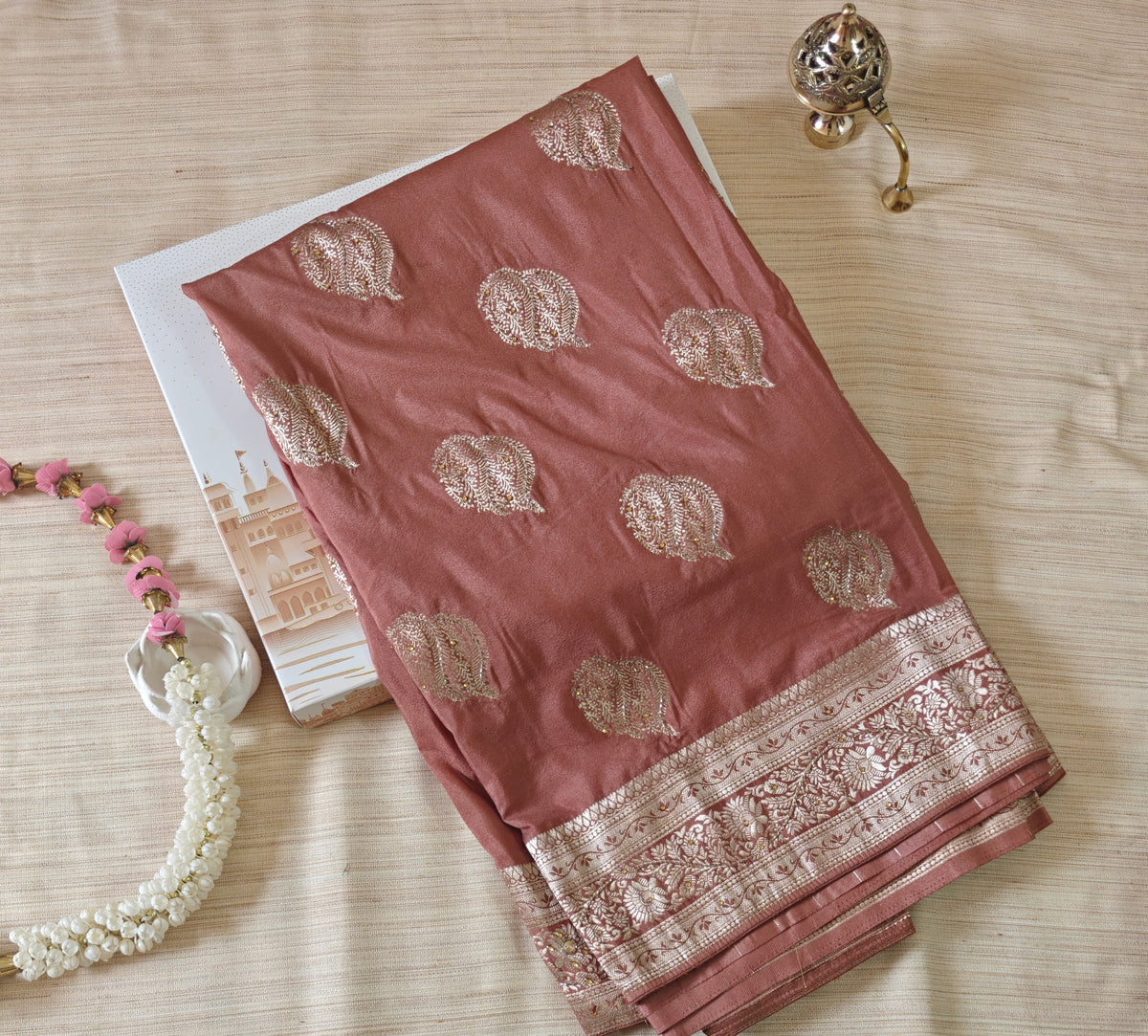 Rust Butter Crepe Handwork Saree