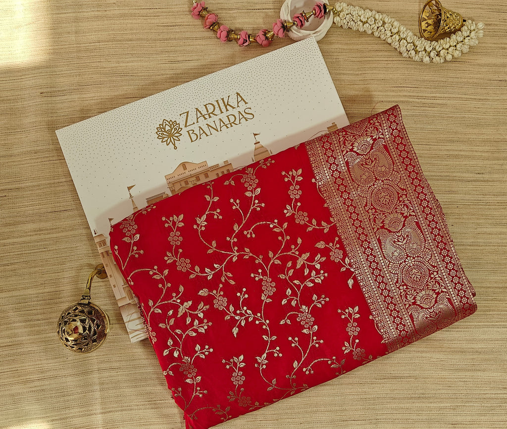 Red Georgette Zari Jaal Saree