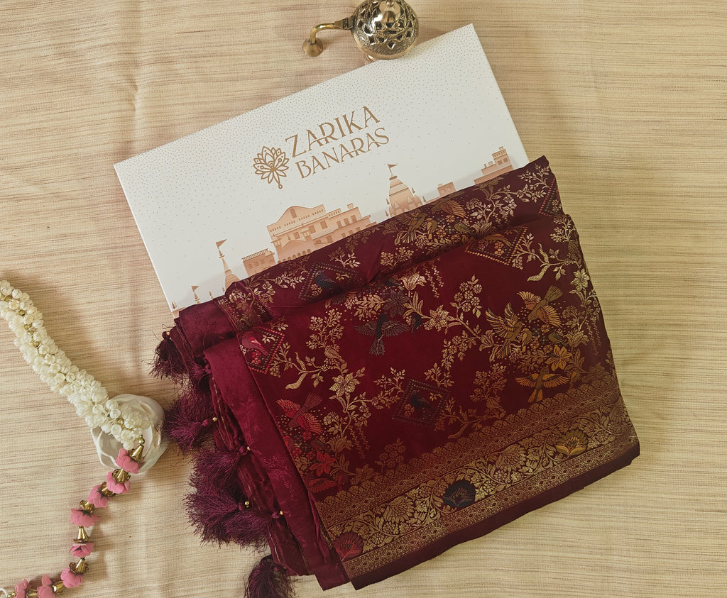 Wine Banarasi Silk Birds Jaal