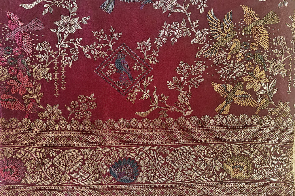 Wine Banarasi Silk Birds Jaal